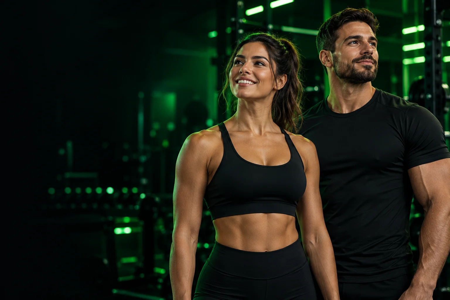 Casal de modelos fictícios em academia — fotografia ilustrativa